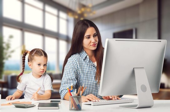 Mom at Work managing business and taking care of daughter, AI generated image