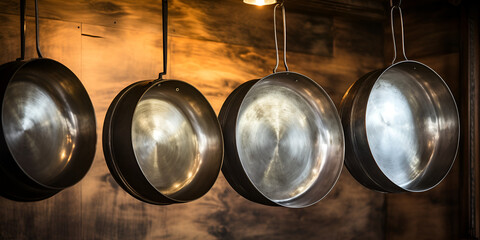 Professional cooking utensils hanging in a restaurant kitchen Pans hanging commercial kitchen Stock Photo Set of saucepans hanging in kitchen with wooden background and light Ai Generative - obrazy, fototapety, plakaty