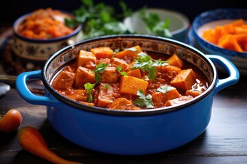 vegan tzimmes, sweet carrot stew, in a blue bowl - obrazy, fototapety, plakaty