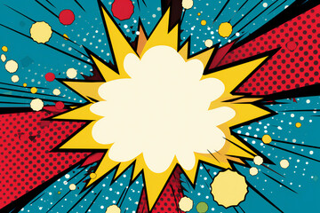 comics pop art style boom sign frame in bright colors, superhero party theme