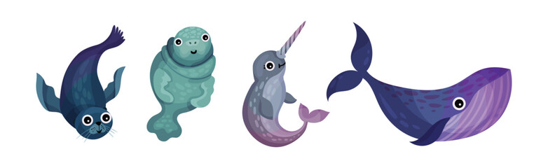 Cute Sea Animals and Underwater Creature with Seal, Narwhale and Whale Vector Set © Happypictures