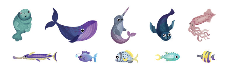 Cute Sea Animals and Underwater Creature with Seal, Narwhale and Whale Vector Set © Happypictures