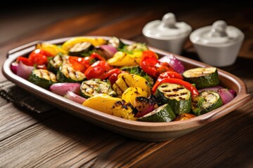 grilled veggies on a rectangular ceramic dish on a dark table