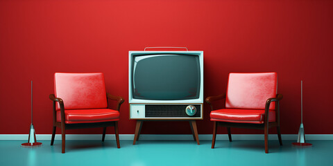 A moderen desingn living room with two red wooden chairs and a tv on the middle of chairs on light blue surface and red wall background Ai Generative