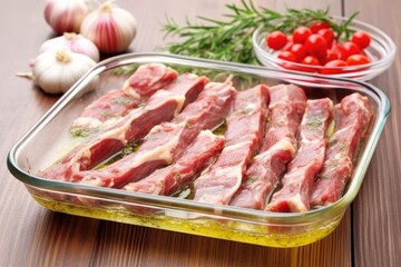 Fototapeta premium cooked ribs in a glass dish ready for the oven