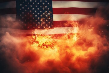 American flag with smoke and fire on a dark background. 3d rendering, USA vs China Flag on fire, AI Generated