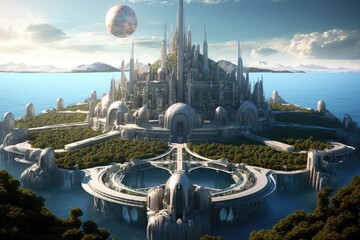Fantasy alien planet. 3d render illustration. Fantasy world,Utopian civilisation, utopic city, future of humanity, architecture of tommorow, utopic world, AI Generated - obrazy, fototapety, plakaty