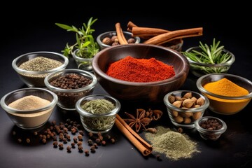 Spices and herbs on black background. Food and cuisine ingredients, Variety of spices in glass bowls and mortar on black slate background, AI Generated