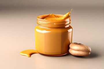 Close-up of peanut butter in a jar with nuts, 3d illustration, generated ai