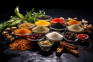 Spices and herbs on a black background. Food and cuisine ingredients, Variety of spices in glass bowls and mortar on black slate background, AI Generated