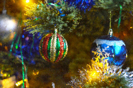 Background pixelated image on the theme of New Year and Christmas. Colored wallpaper postcards with a blurred image of New Year's decorations and Christmas tree toys. 