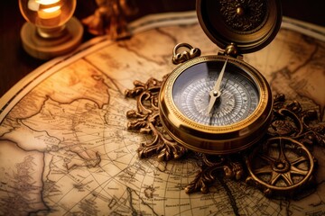 Compass and old map on a dark background. Vintage style, Vintage map, compass and old book on old map background, AI Generated
