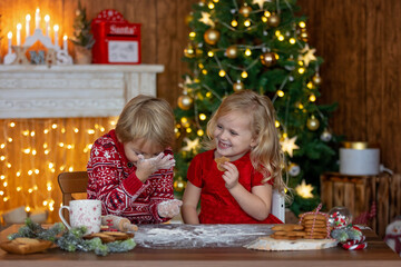 Fototapeta na wymiar Beautiful children, blond kids, siblings, playing in decorated home for Christmas, enjoying holidays
