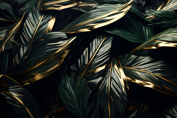 Dark green and golden   jungle leaves  , 3d illustration generated ai