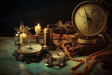 Vintage compass, rope and candle on old world map background, Vintage still life with compass, old map, and other objects, AI Generated