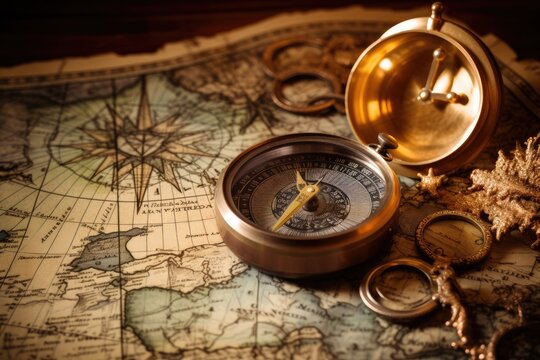 Compass and old map on wooden background. Vintage style toned picture, Vintage map, compass and old book on old map background, AI Generated