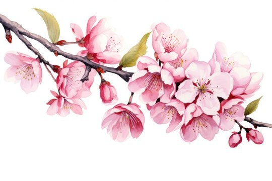 Cherry blossom branch with pink flowers isolated on white background. Watercolor illustration, Watercolor cherry blossom. Vector illustration isolated on white background, AI Generated