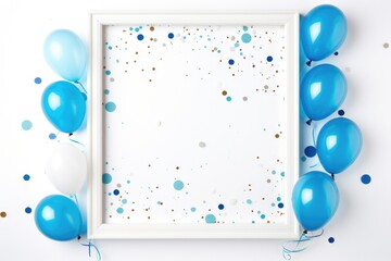 White frame with blue balloons and confetti on white background, top view, White frame on white background with blue balloons and confetti, AI Generated