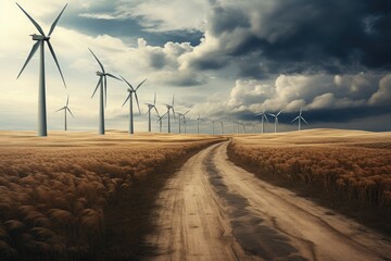 Wind turbines on a rural road in the countryside. 3d render, Windmill wind power electricity farm field, AI Generated - obrazy, fototapety, plakaty