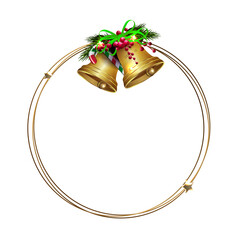 Isolated design element,Christmas round wreath with golden bells.