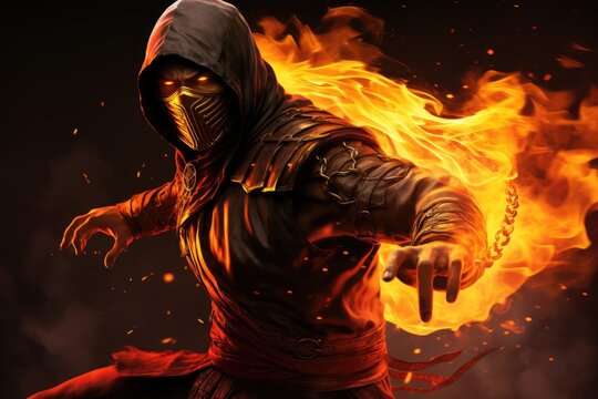 Warrior with a sword in fire flames on a black background, Witness the Flaming Shadows, a skilled ninja warrior engulfed in flames, displaying mastery and determination, AI Generated