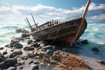 Old wooden fishing boat on the seashore. 3d render, Wreck of a fishing boat in the sea. 3d render, AI Generated