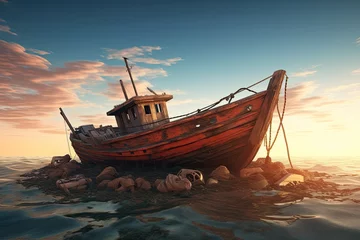 Gordijnen fishing boat in the sea at sunset. 3d render illustration, Wreck of a fishing boat in the sea. 3d render, AI Generated © Ifti Digital