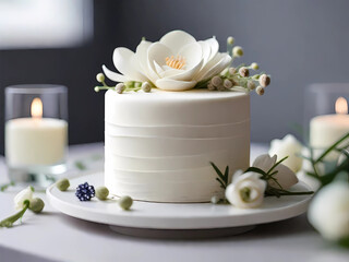 Obraz na płótnie Canvas elegant white wedding cake with beautiful floral decoration, a sweet, delicious centerpiece for your special celebration and romantic event