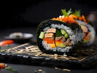 Fotobehang delicious homemade korean kimbap rolls on black sesame plate with healthy vegetable ingredients and tasty egg slices, a traditional asian cuisine meal © auc