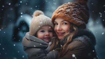 A young girl with mom watches in wonder at the first snowfall of the season, her face glowing with enchantment. Capturing natural beauty and childhood innocence in winter, Generative AI