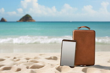 suitcase and mobile phone on sand sea beach