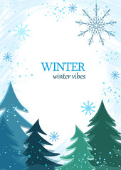 Vertical winter nature background with copy space. Green spruce trees and blue snowflakes. Flat style, A4 size