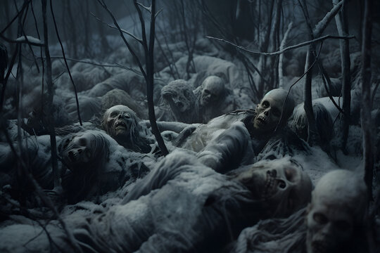 group of zombies laid on winter forest floor covered with snow. Neural network generated image. Not based on any actual person or scene.