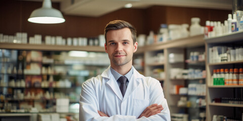 Pharmacist standing in pharmacy, surrounded by health related products.