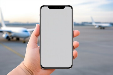 man hand hold white blank screen mobile phone in airport