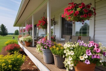 farmhouse porch decorated with pots of blooming flowers