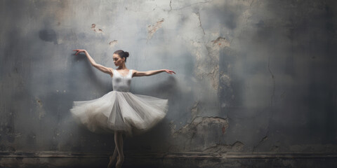 Ballerina dancing in tutu with rustic derelict wall in the background