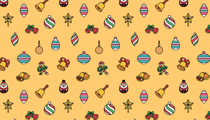 Christmas Ornament Seamless Pattern with bauble, bell, and candy cane.