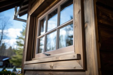 close view of wooden cladded window of saltbox