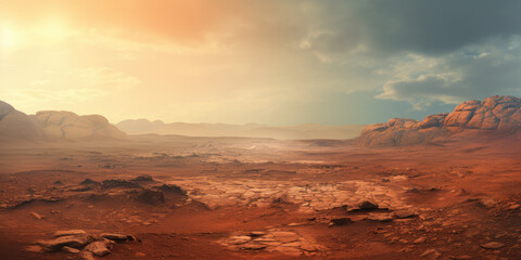 The orangey, red, barren landscape of Mars at sunset  - obrazy, fototapety, plakaty