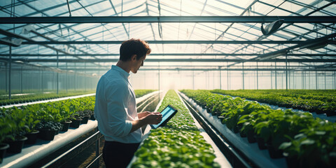 Farmer studying plant data on iPad in hydroponic hi-tech greenhouse,  - obrazy, fototapety, plakaty