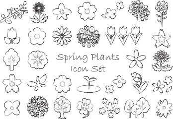 春の植物のアイコンセット　線画・透過白背景