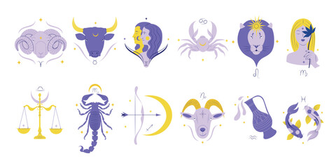 Collection of Zodiac signs and symbols, Horoscope vector illustration in flat design