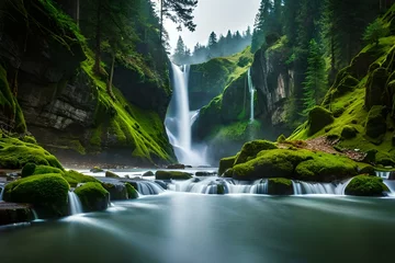 Fotobehang Vibrant jungle waterfall surrounded by lush vegetation - AI Generative © Max_T