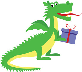 Vector dragon with a gift in flat style.
Element for children's themed parties, cards, congratulations.
Children's illustrations.