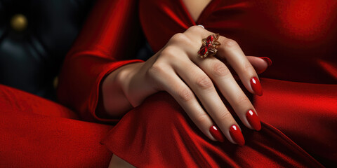 Glamorous red painted finger nails - obrazy, fototapety, plakaty