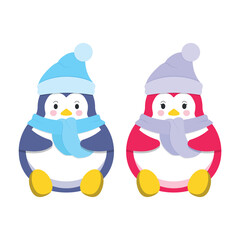 Cute cartoon penguin in a hat and scarf on a white background
