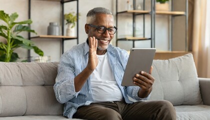 Cheerful senior man having video call on tablet sitting on the couch at home elderly man wearing eyeglasses staying in touch with friends and family using online video call connecting with people - obrazy, fototapety, plakaty
