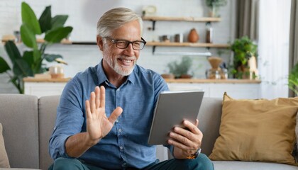 Cheerful senior man having video call on tablet sitting on the couch at home elderly man wearing eyeglasses staying in touch with friends and family using online video call connecting with people - Powered by Adobe