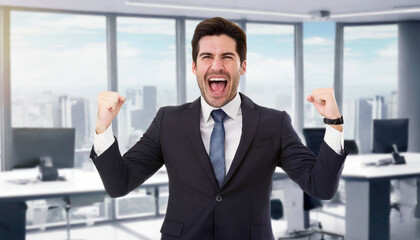 Mid adult elegant business manager screaming cheerfully and pumping fists while celebrating success in office